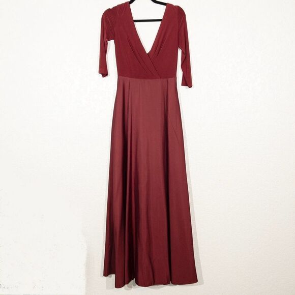 New Alfred Sung Burgundy Mikado 3/4 Sleeve V Neck Gown Size‎ 2 - Picture 2 of 9